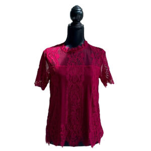 Eyeshadow Sheer Eyelash Lace Top Mock Neck Cranberry